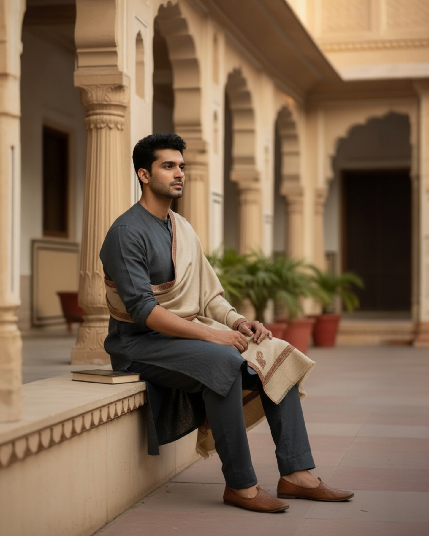 Natural Men's Pure Wool Kashmiri Sozni Shawl