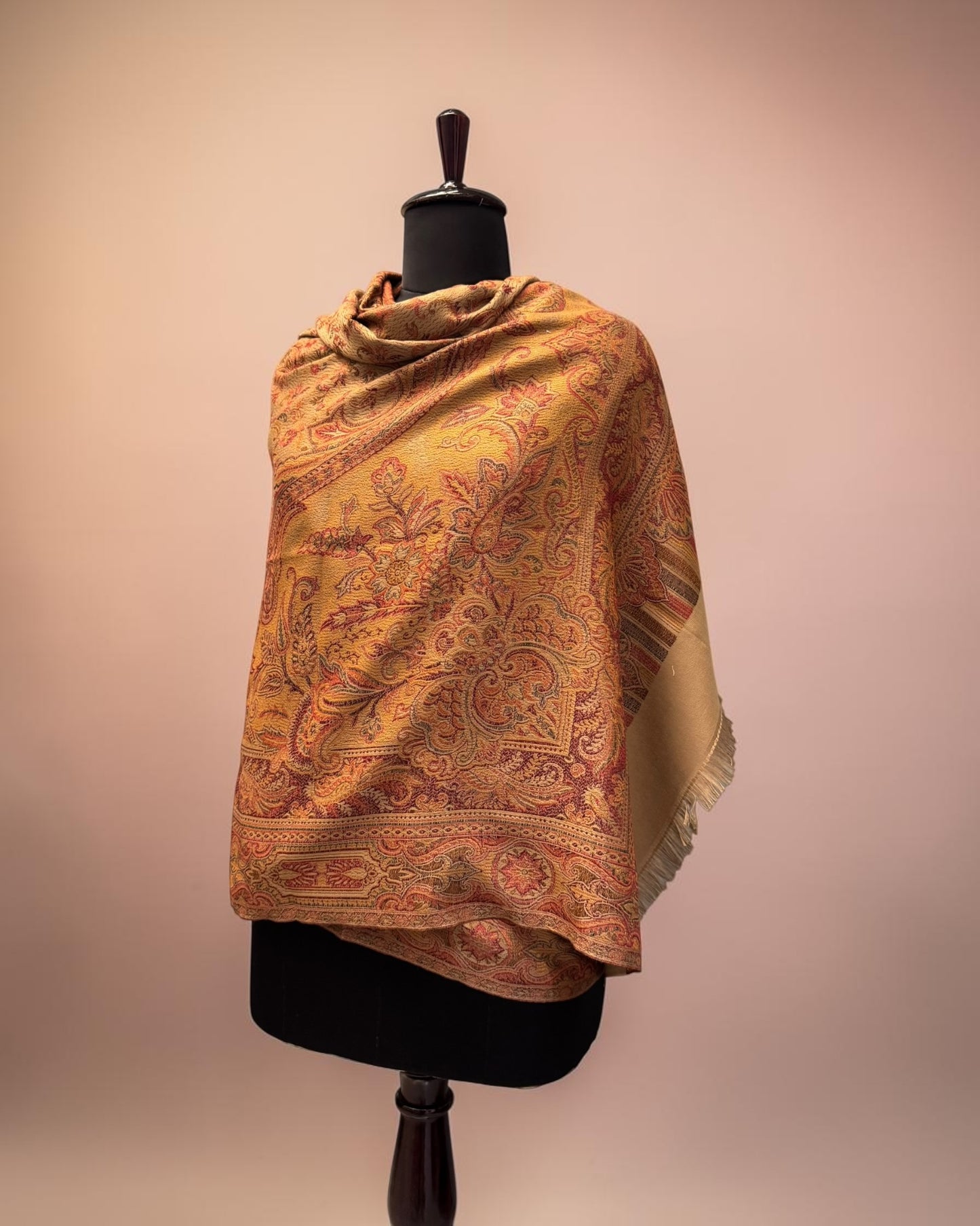 Camel Wool Jamawar Shawl with Grand Paisley Field and Multicolour Floral Scrollwork