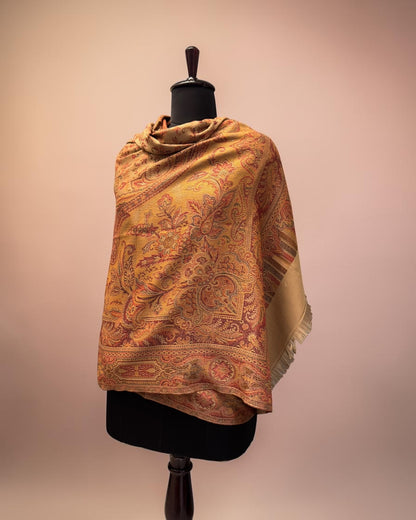 Camel Wool Jamawar Shawl with Grand Paisley Field and Multicolour Floral Scrollwork