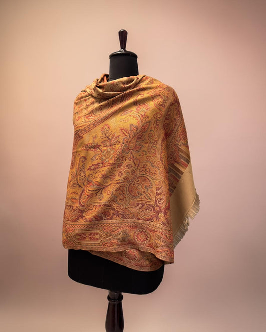 Camel Wool Jamawar Shawl with Grand Paisley Field and Multicolour Floral Scrollwork