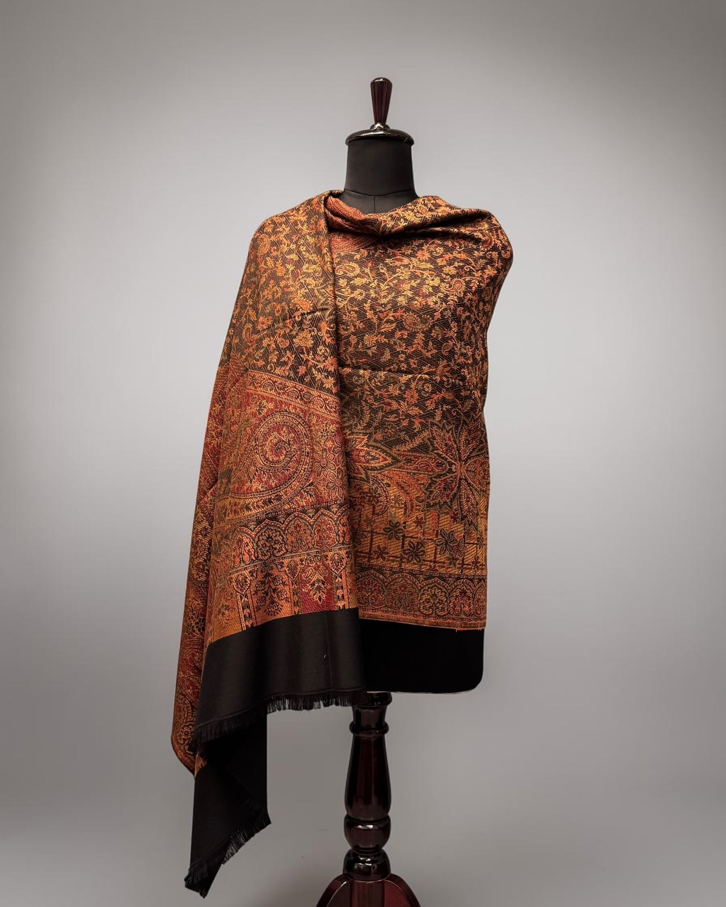 Black Wool Jamawar Shawl with Grand Paisley Field and Dense Multicolour Floral Fill