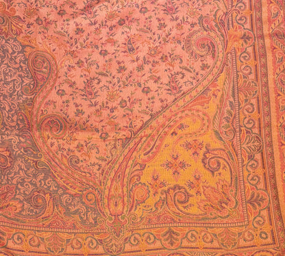 Peach Wool Jamawar Shawl with Grand Paisley Field and Multicolour Scrollwork Border