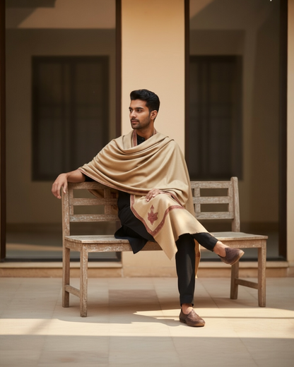 Natural Mens Pure Wool Shawl with Chinar Embroidery