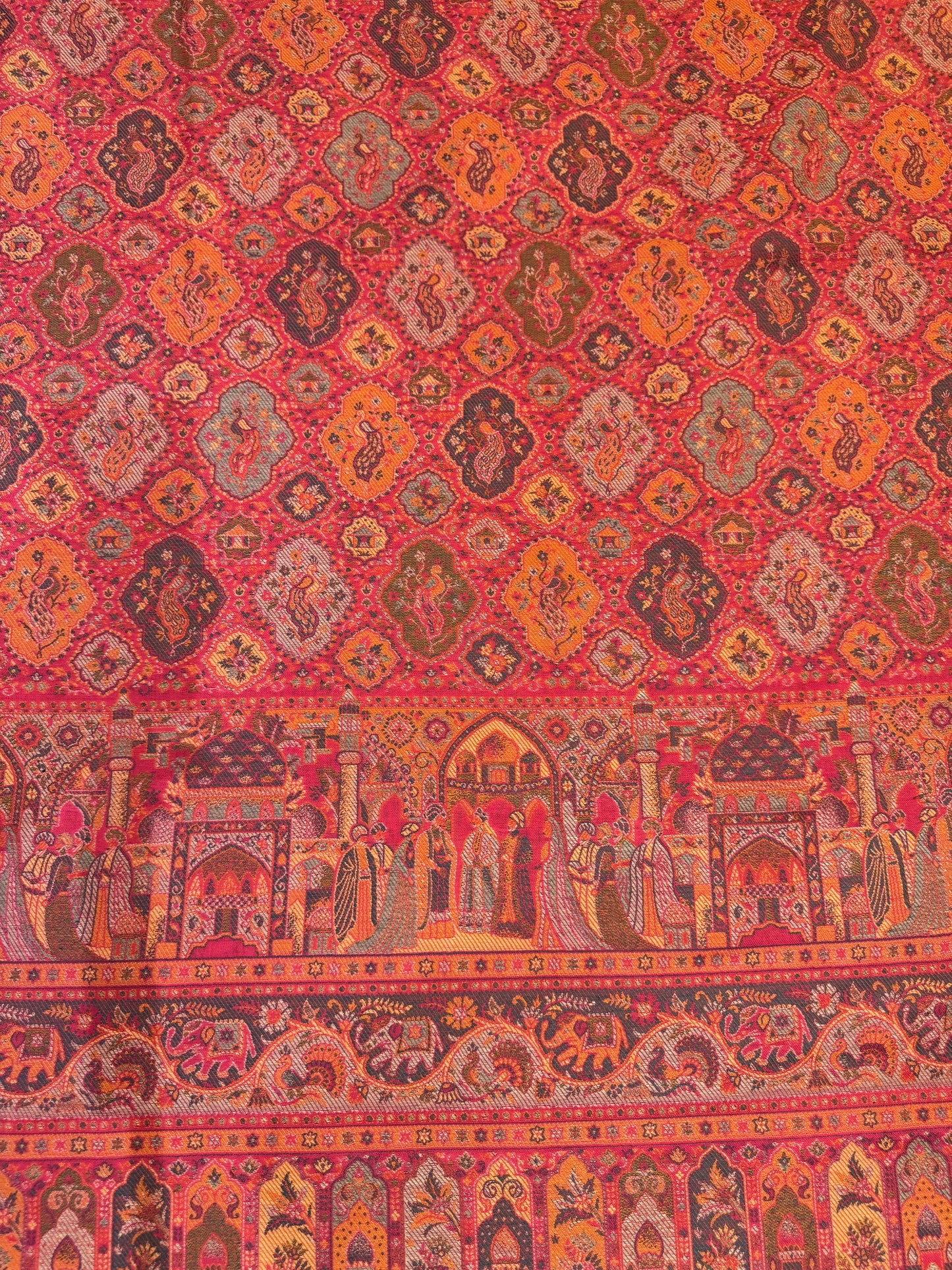 Coral Kani Wool Shawl with Mughal Pictorial Design