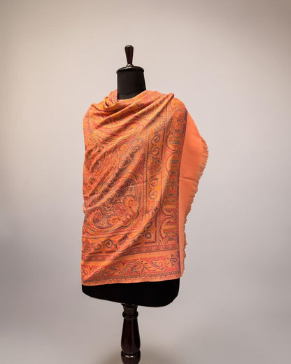 Peach Wool Jamawar Shawl with Grand Paisley Field and Multicolour Scrollwork Border