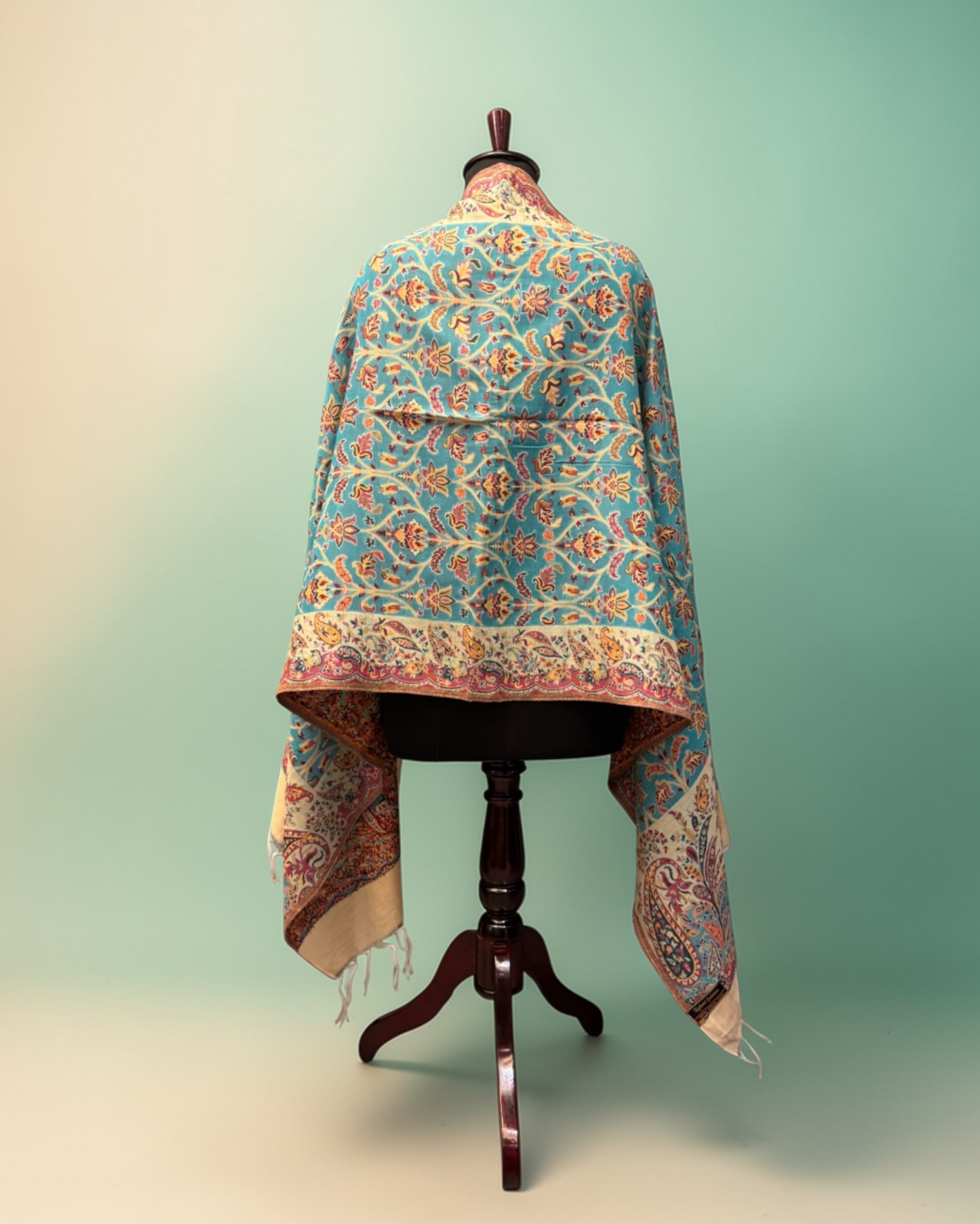 Turquoise Kani Pure Wool Stole with Arabesque Floral Jaal