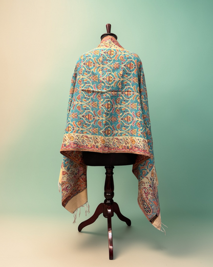Turquoise Kani Pure Wool Stole with Arabesque Floral Jaal