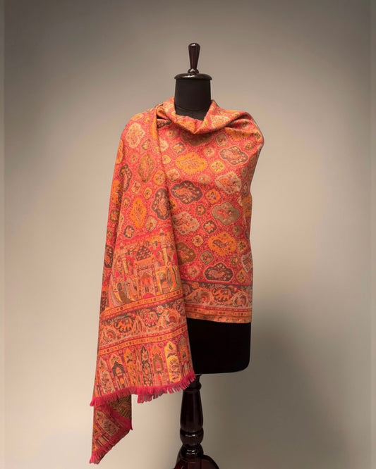 Coral Kani Wool Shawl with Mughal Pictorial Design
