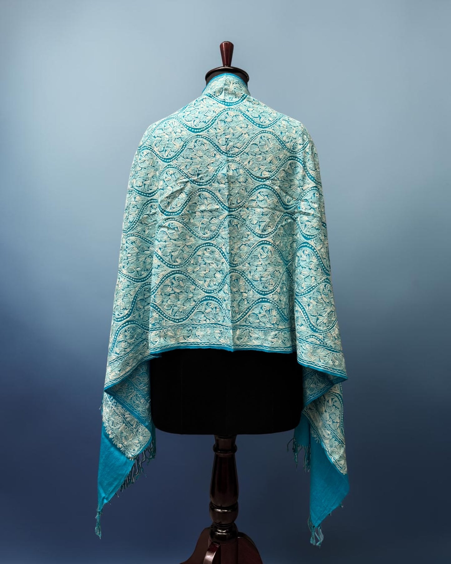 Turquoise Ogee Aari Pure Wool Stole with Sippi