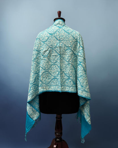Turquoise Ogee Aari Pure Wool Stole with Sippi