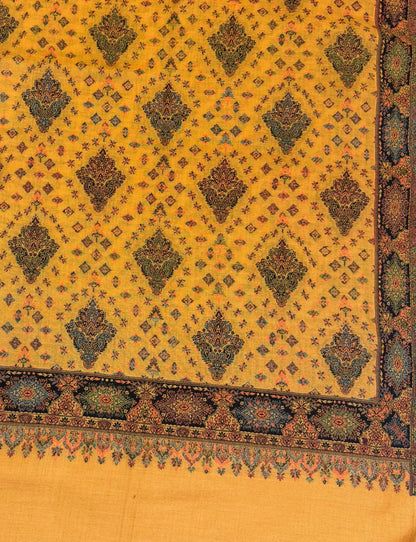 Mustard Pure Wool Kani Woven Shawl | Diamond Lattice Jaal & Navy Border