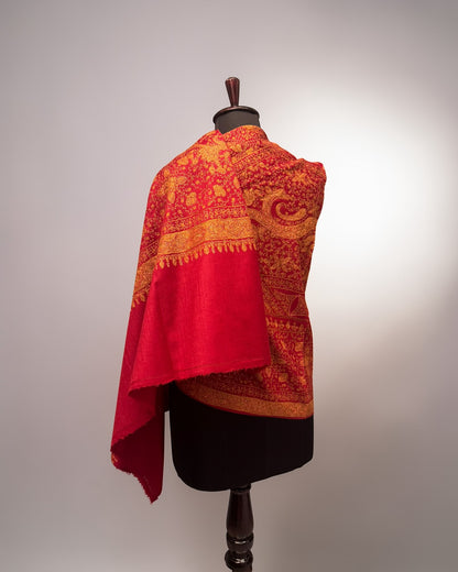 Ruby Red Pure Wool Kashmiri Shawl with All-Over Gold Hand Embroidery