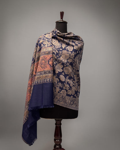 Navy Wool Jamawar Shawl with Silver Floral Field and Copper Gold Medallion Border