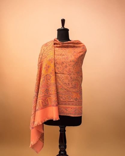 Peach Wool Jamawar Shawl with Grand Paisley Field and Multicolour Scrollwork Border