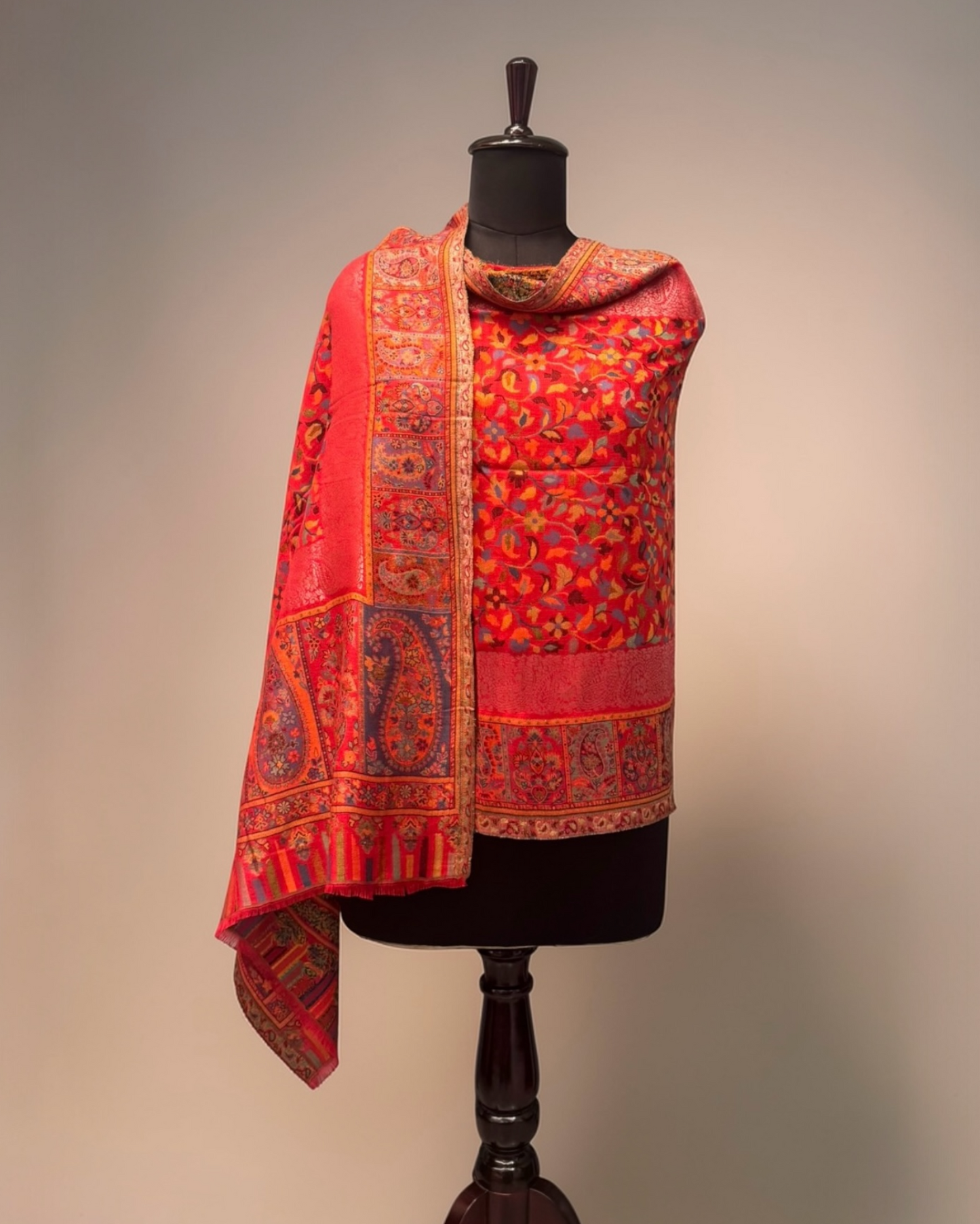 Scarlet Red Kani Zari Wool Stole with Multicolour Floral Jaal
