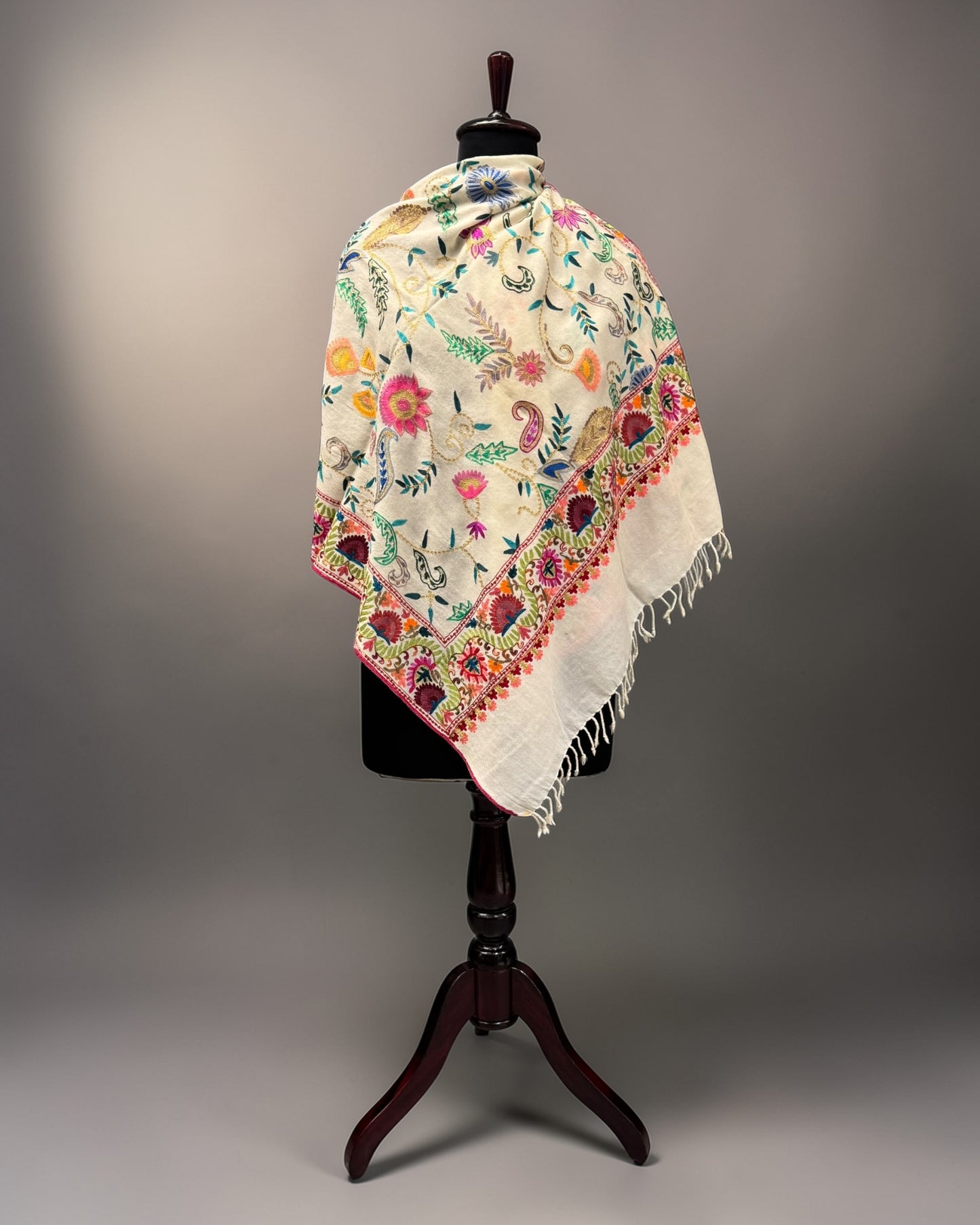Ivory Pure Wool Stole with Multicolour Scattered Aari Embroidery