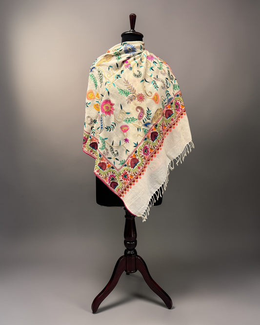 Ivory Pure Wool Stole with Multicolour Scattered Aari Embroidery