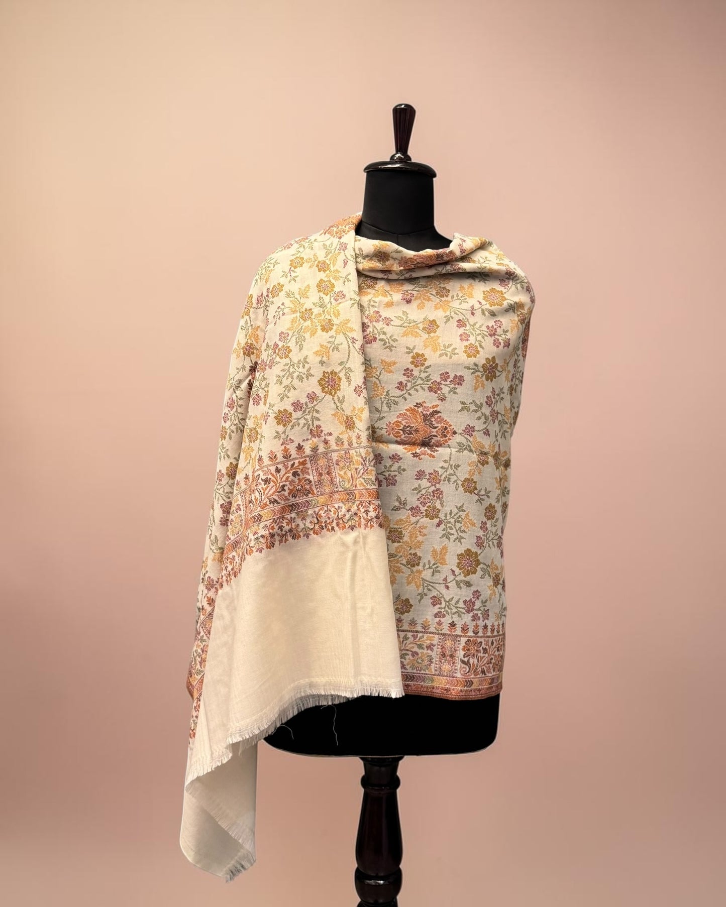 Ivory Pure Wool Kani Shawl with All-Over Floral Vine and Multicolour Botanical Field