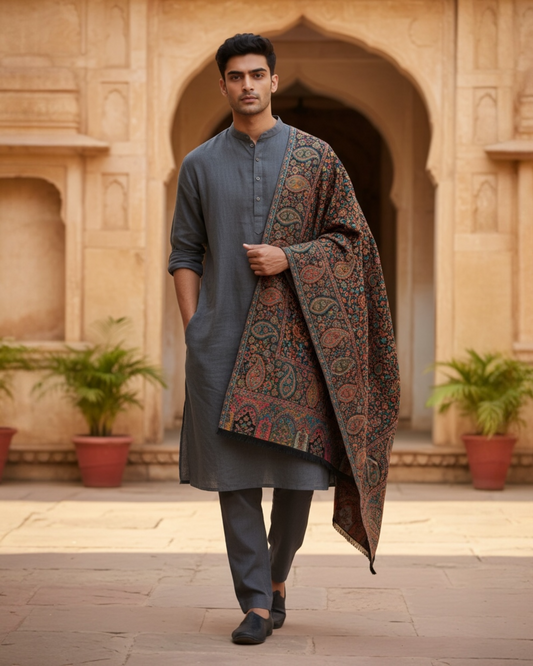 Black Mens Kani Wool Shawl with Multicolour Paisley Jaal