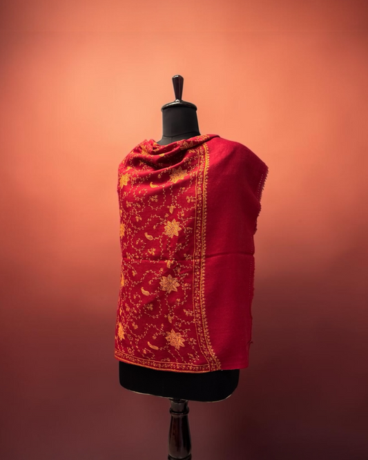 Crimson Red Pure Wool Shawl with All-Over Gold Sozni Embroidery