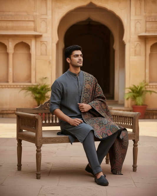 Black Mens Kani Wool Shawl with Multicolour Paisley Jaal