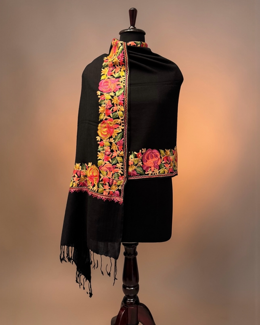 Black Pure Wool Stole with Multicolour Aari Floral Embroidery
