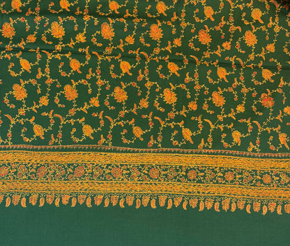 Forest Green Pure Wool Kashmiri Shawl with All-Over Gold Hand Embroidery