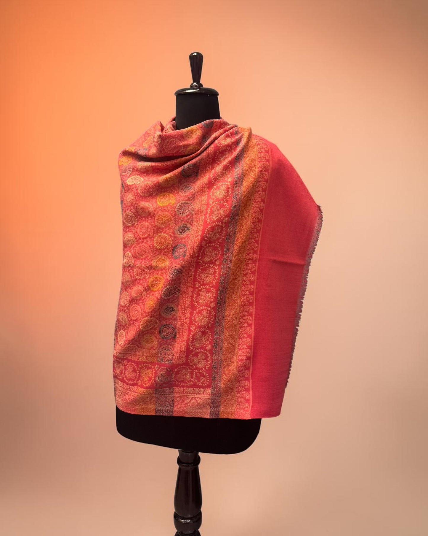 Coral Wool Jamawar Shawl with All-Over Multicolour Paisley Butti and Layered Border