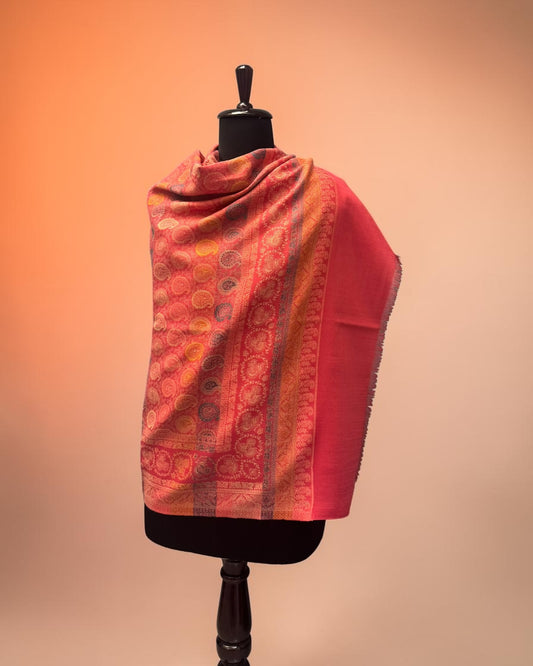 Coral Wool Jamawar Shawl with All-Over Multicolour Paisley Butti and Layered Border