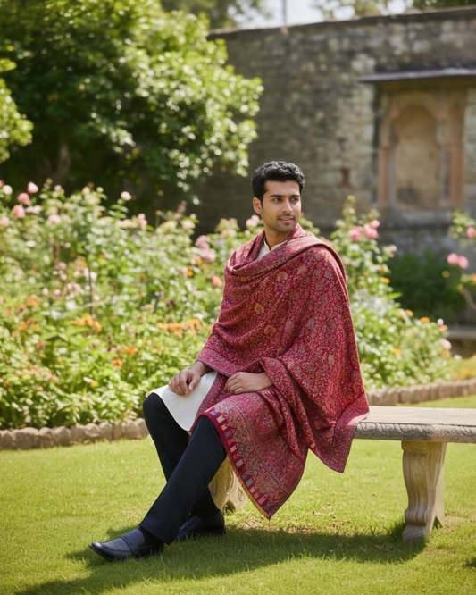 Crimson Red Mens Kani Pure Wool Shawl with Floral Jaal