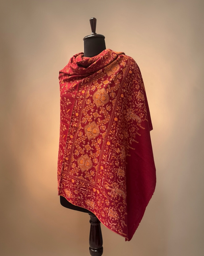 Burgundy Red Pure Wool Kashmiri Shawl with All-Over Hand Embroidery