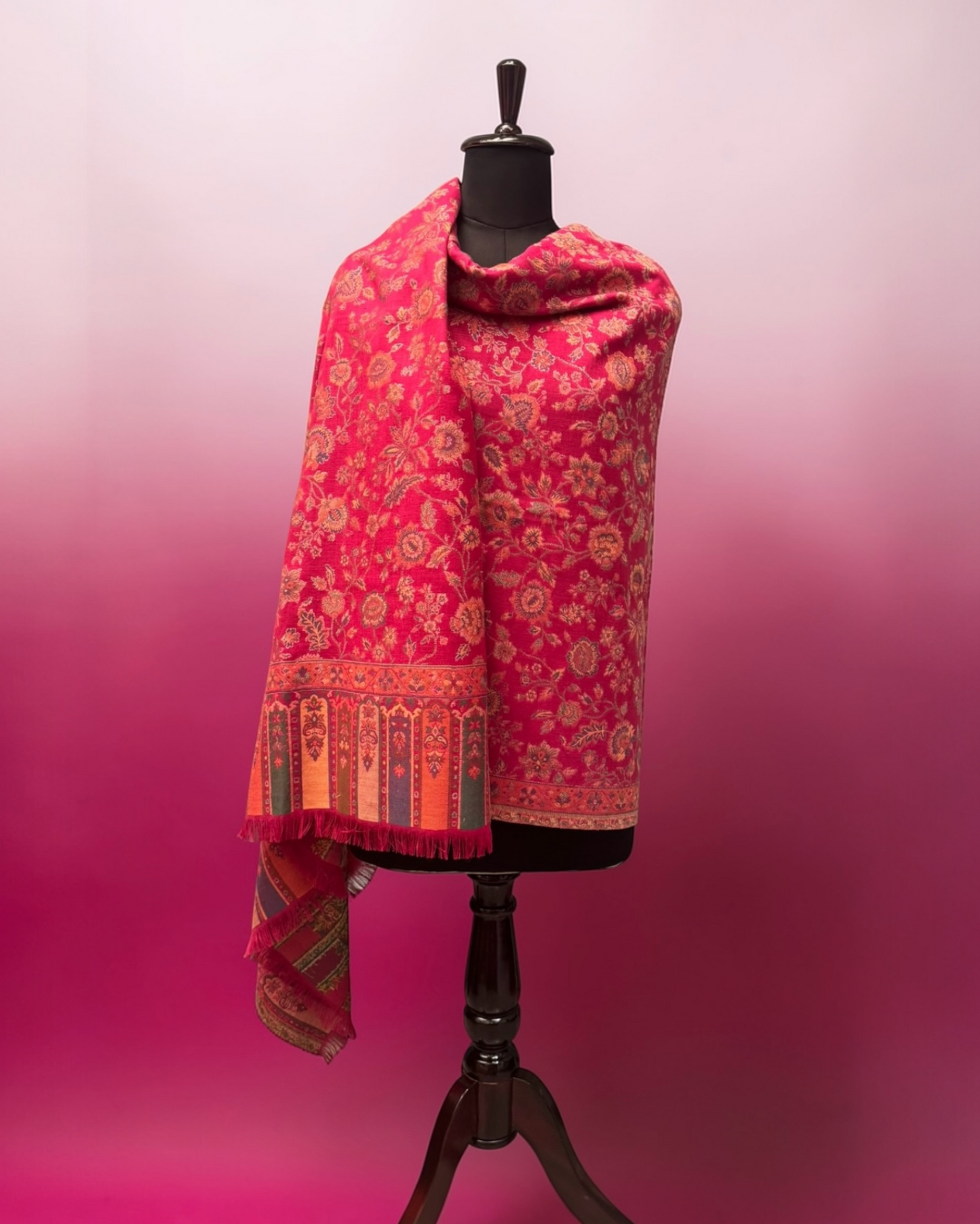 Fuchsia Kani Zari Pure Wool Shawl with Floral Jaal