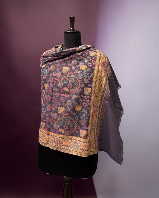 Purple Slate Floral Jaal Kani Wool Shawl