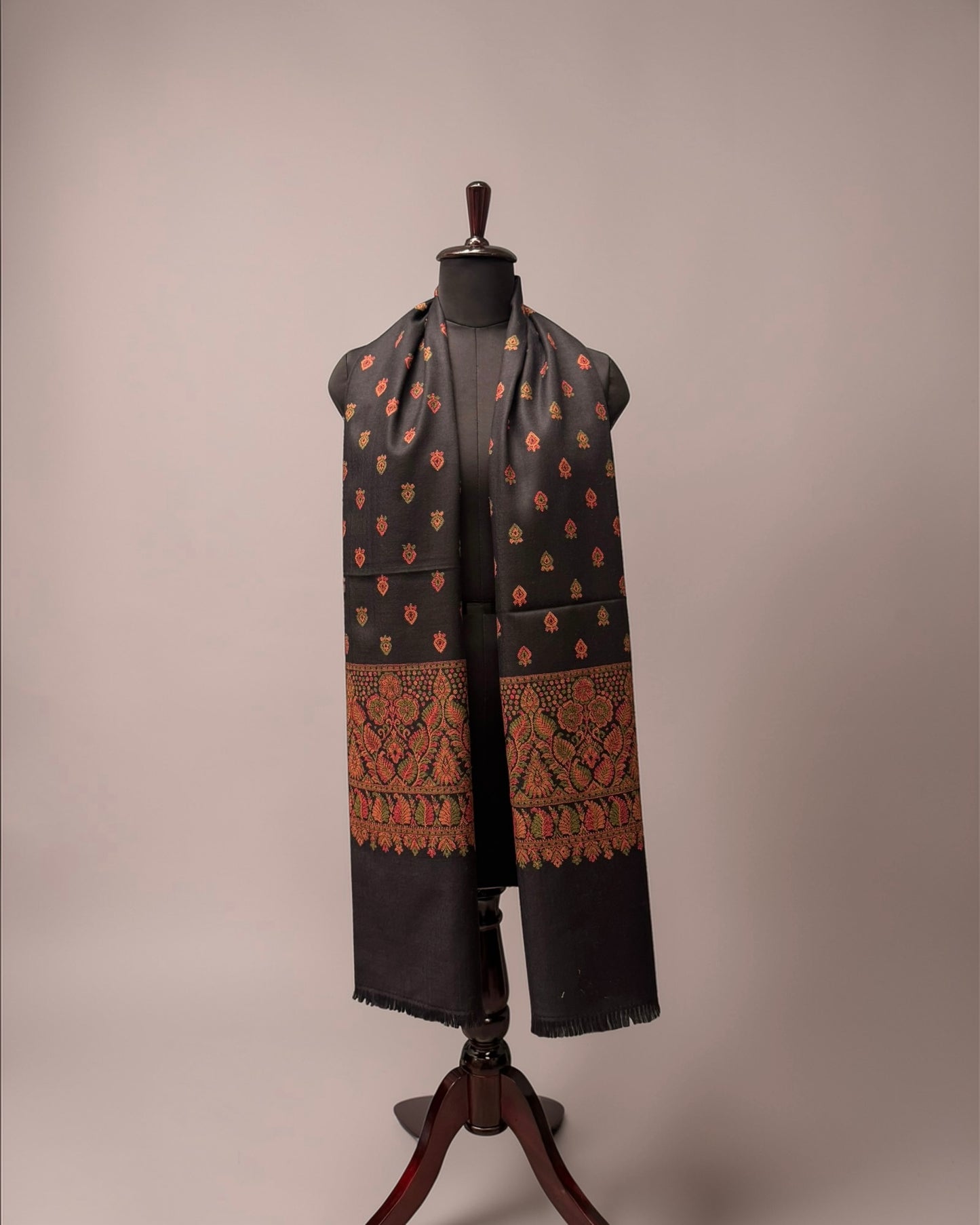 Black Pure Wool Kani Woven Stole | Scattered Buti & Floral Paisley Border