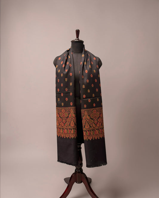 Black Pure Wool Kani Woven Stole | Scattered Buti & Floral Paisley Border