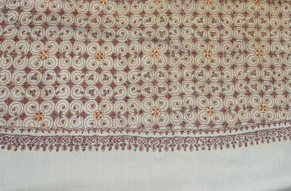 Silver Grey Pure Wool Kashmiri Shawl with Geometric Spiral Hand Embroidery