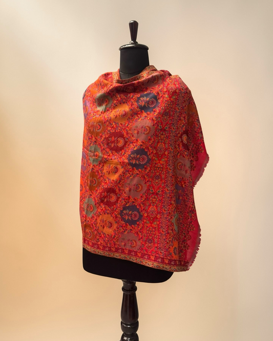 Coral Kani Wool Stole with Multicolour Medallion Lattice