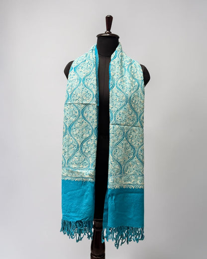 Turquoise Ogee Aari Pure Wool Stole with Sippi
