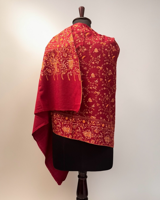 Burgundy Red Pure Wool Kashmiri Shawl with All-Over Hand Embroidery
