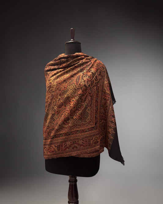 Black Ground Jamawar Wool Shawl with Dense Multicolour Floral and Paisley Weave