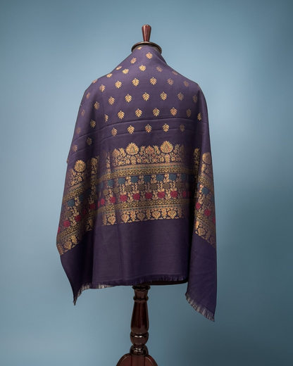 Royal Blue Wool Shawl with Gold Zari Butti and Layered Border