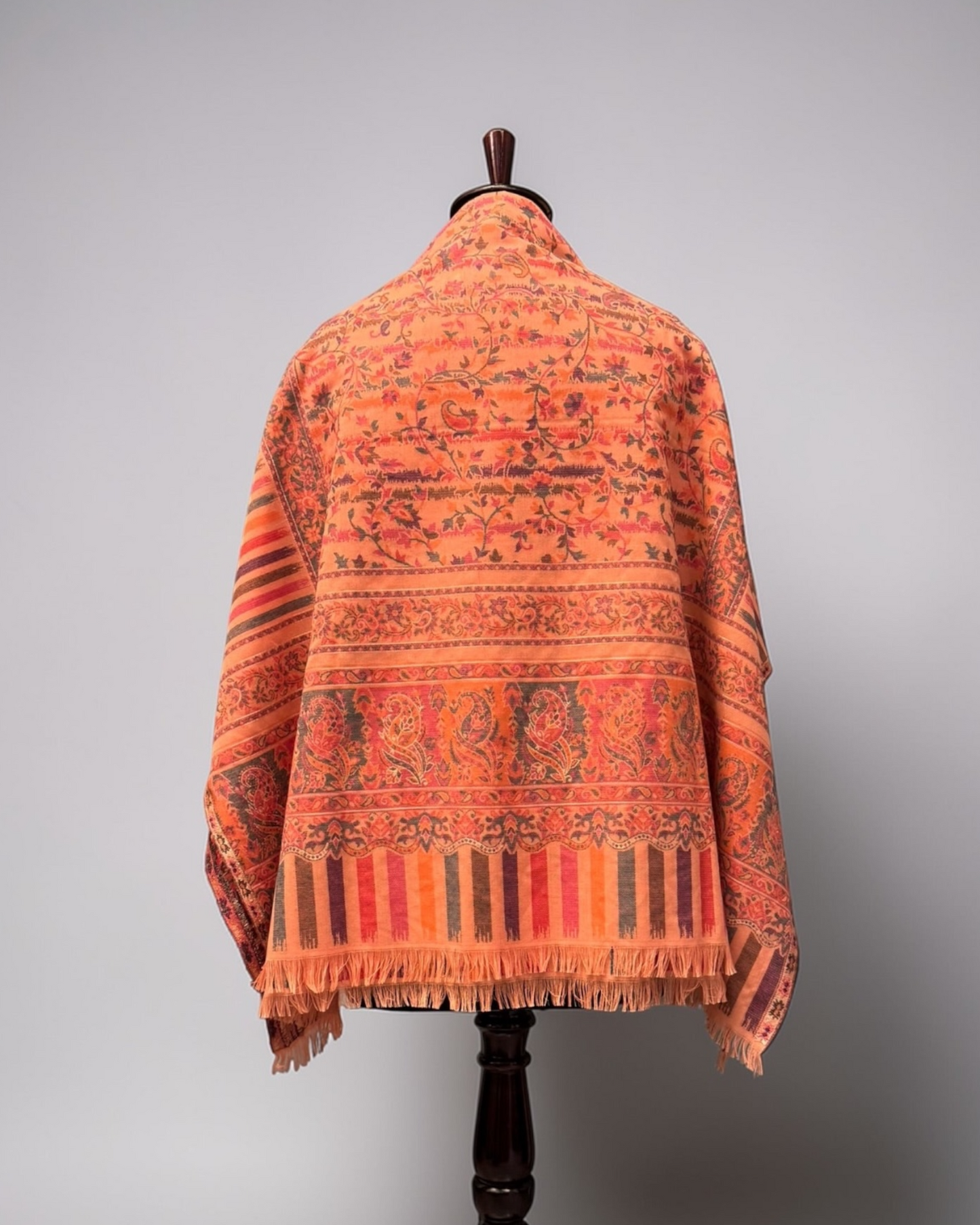 Coral Kani Wool Blend Shawl with Floral Jaal and Stripe Pallu