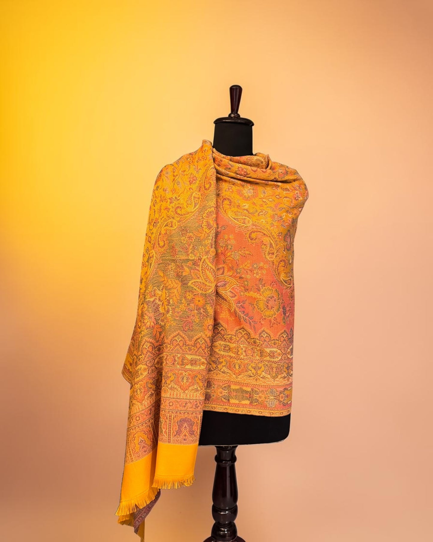 Mustard Wool Jamawar Shawl with Grand Paisley Field and Multicolour Floral Scrollwork
