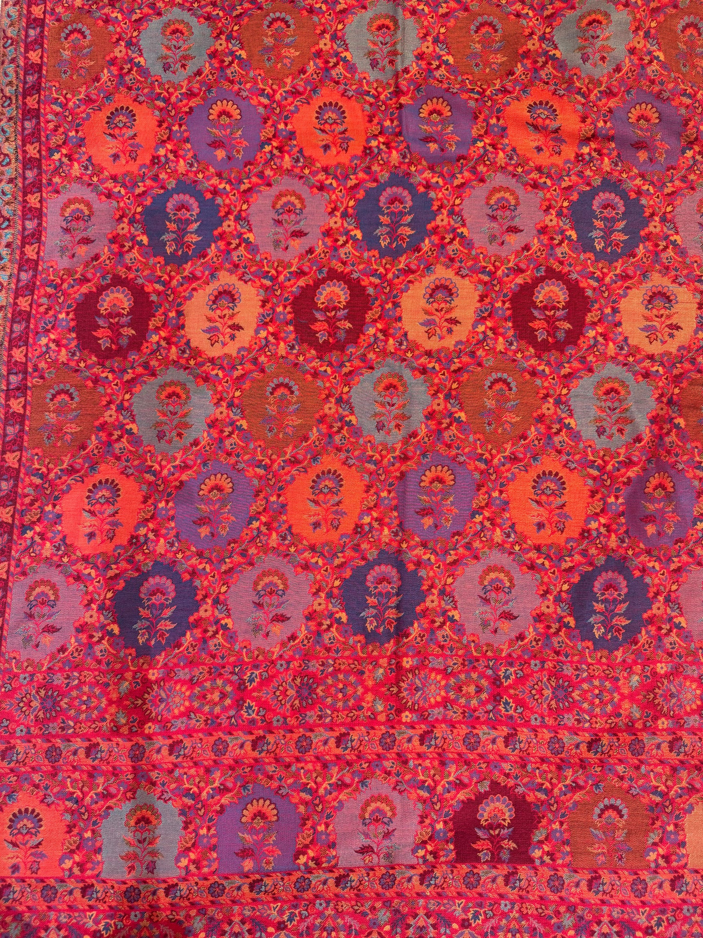 Coral Kani Wool Stole with Multicolour Medallion Lattice