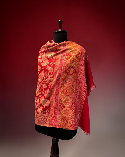 Red Wool Jamawar Shawl with All-Over Ivory Floral Field and Gold Medallion Border