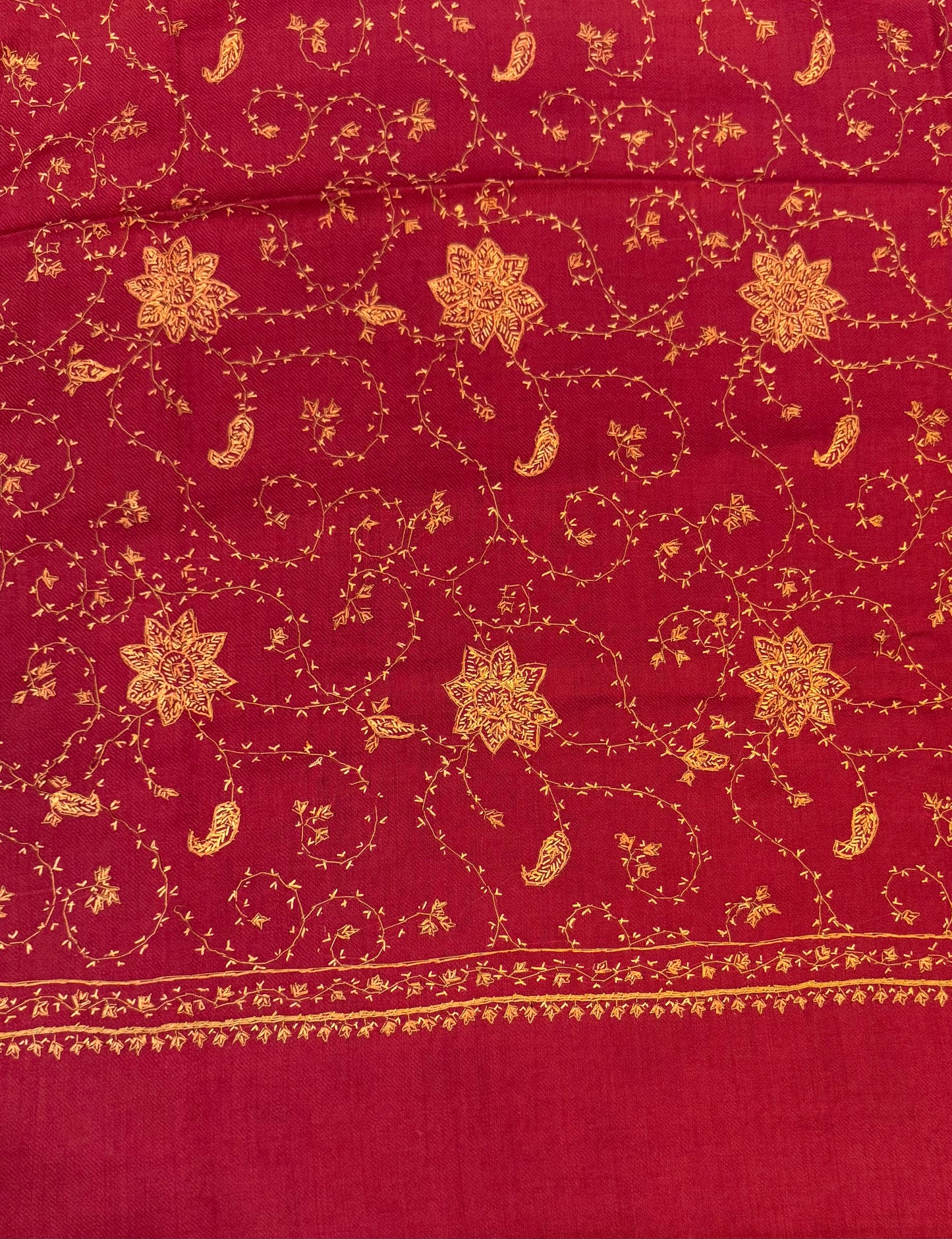 Crimson Red Pure Wool Shawl with All-Over Gold Sozni Embroidery