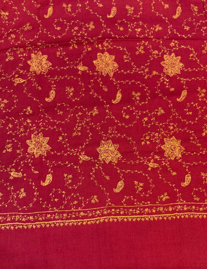 Crimson Red Pure Wool Shawl with All-Over Gold Sozni Embroidery