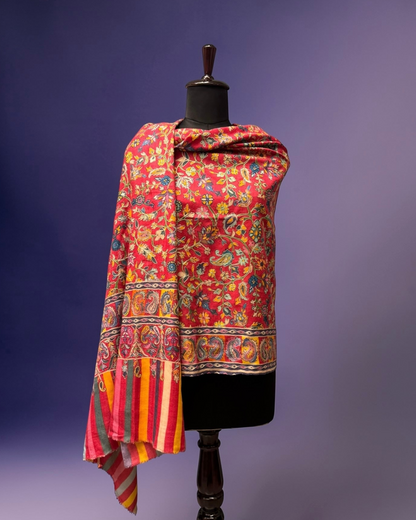 Floral Red Pure Wool Kalamkari Shawl