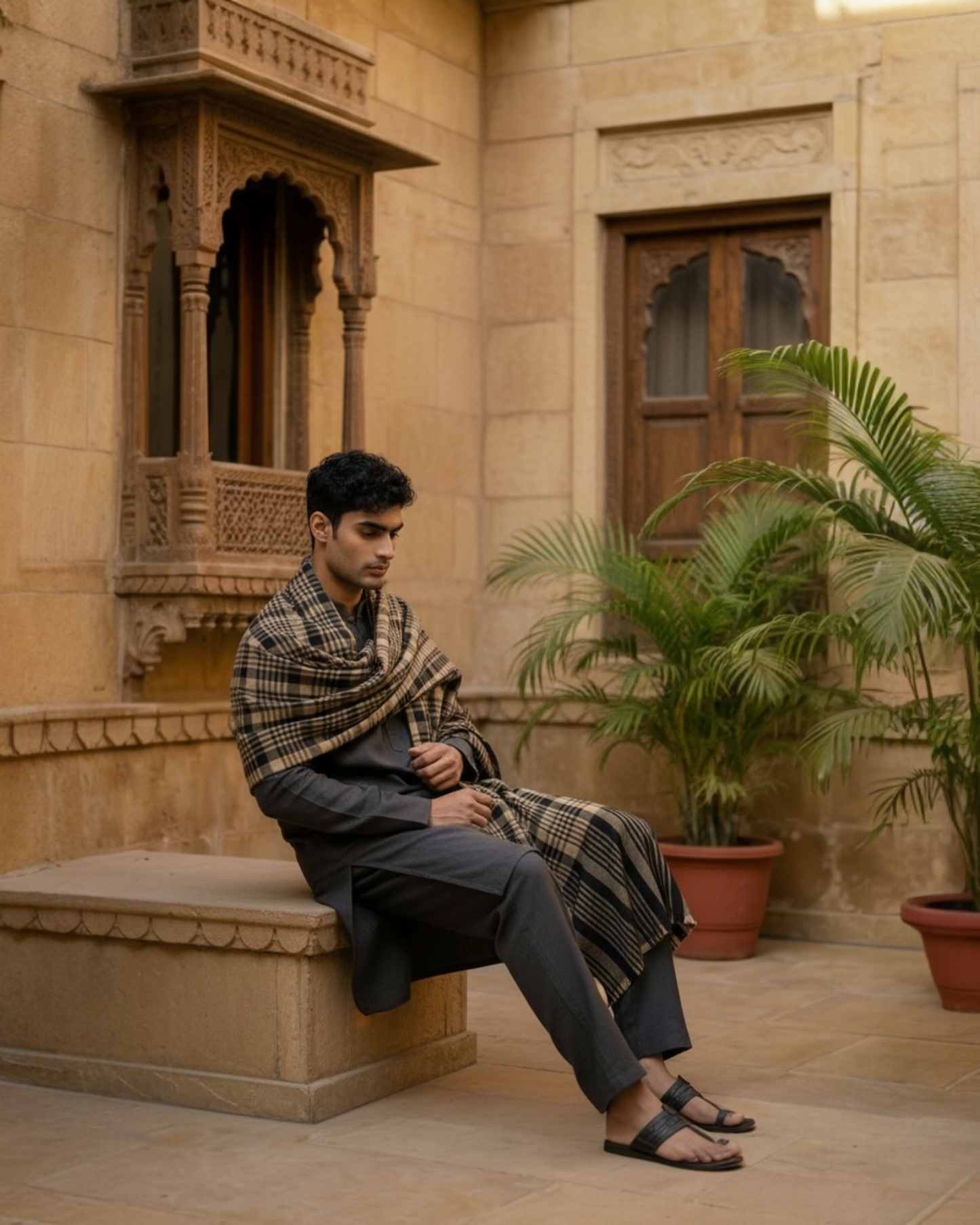 Black & Beige Wool Check Shawl