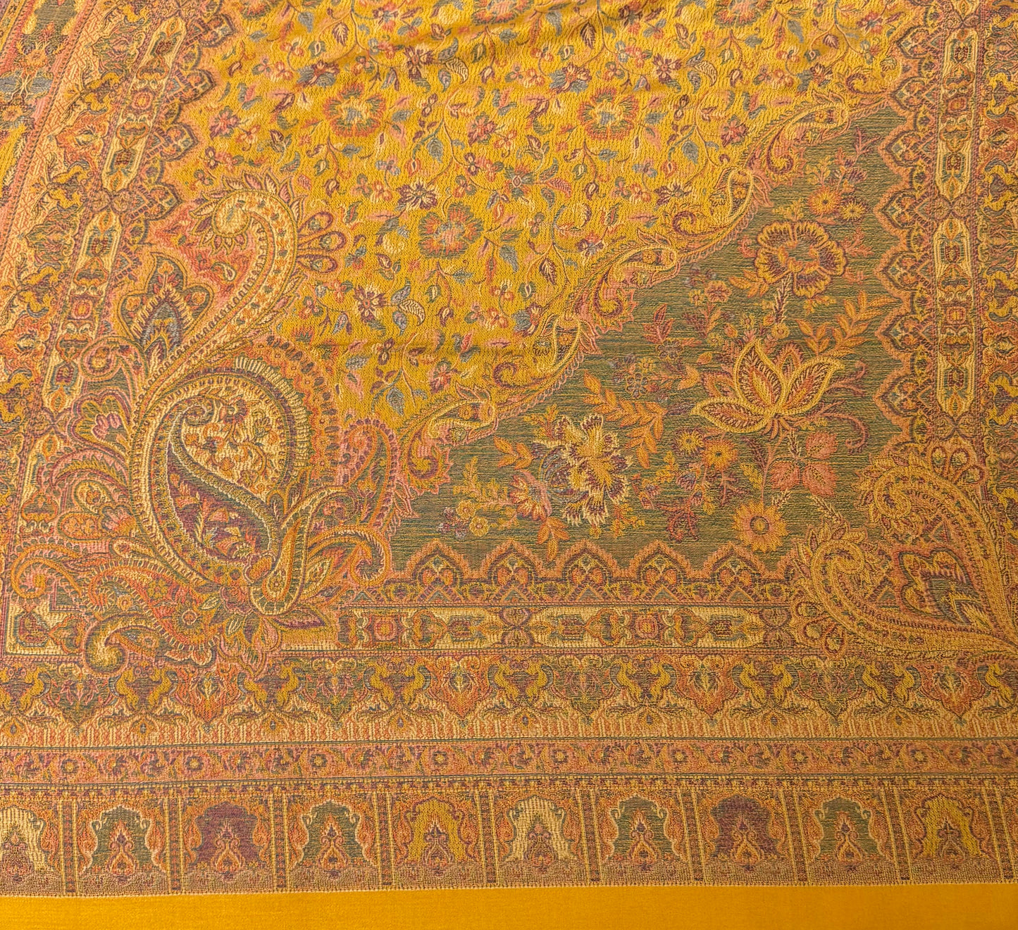 Mustard Wool Jamawar Shawl with Grand Paisley Field and Multicolour Floral Scrollwork